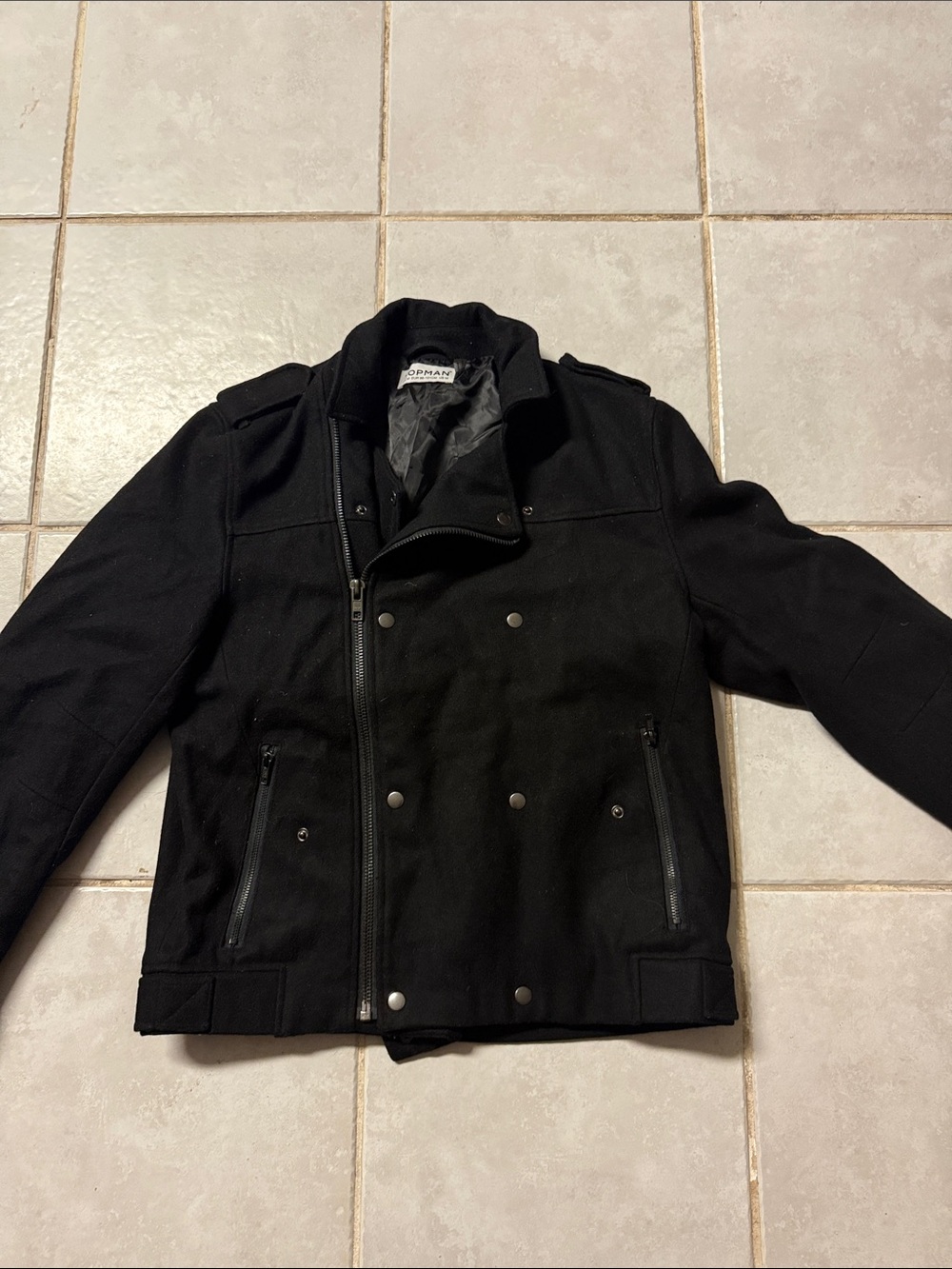Topman Black Pea Coat with Zip & Snap Details